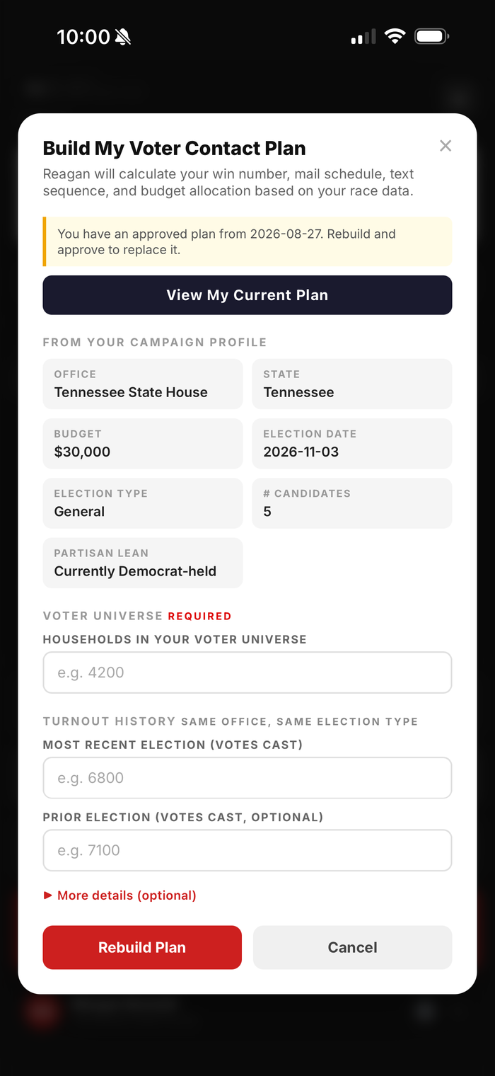 Reagan app screen showing the Build My Voter Contact Plan tool, prefilled with a candidate's race data