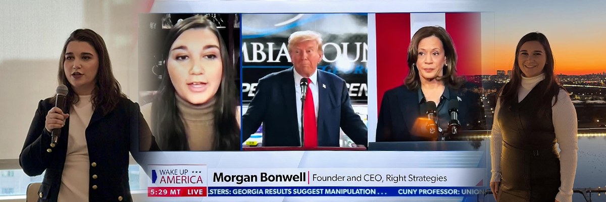 Morgan Bonwell speaking at a campaign event and appearing on television as Founder and CEO of Right Strategies
